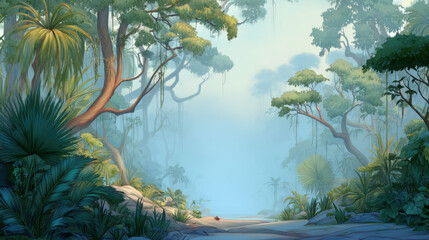 A forest scene with a path leading through it