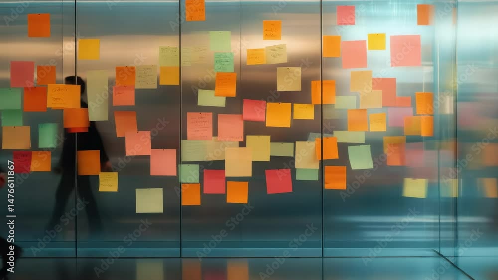 Poster businessman is quickly walking past a glass wall covered in colorful sticky notes, creating a sense 