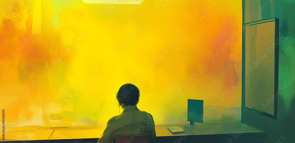 Poster a person sits by the window facing a wall filled with yellow light, creating an atmosphere of contem