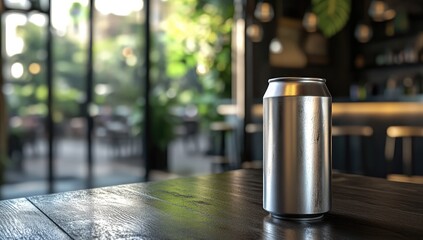Sleek aluminum can on dark wood table in cafe