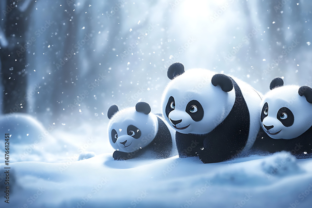 Poster three playful pandas frolic in a snowy forest, surrounded by falling snowflakes