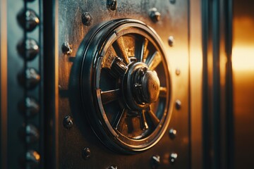 A weathered steel vault door's intricate, circular mechanism