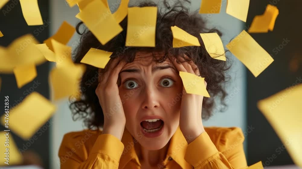 Poster stressed businesswoman screaming as sticky notes swirl around her head, experiencing burnout and str