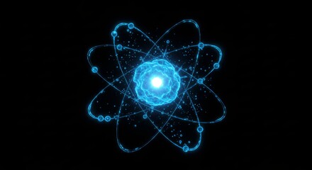 A glowing, stylized representation of an atom