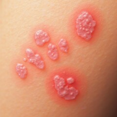 Fototapeta premium Skin rash featuring flat, raised red papules and macules closeup, indicating an allergic reaction, infection or dermatological issue on skin.