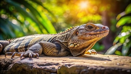 Obraz premium A reptilian creature lies motionless on a weathered stone surface, its scales glistening in the dappled sunlight filtering through the surrounding foliage , pet, wildlife