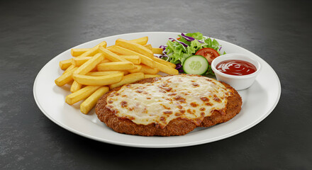 Golden Fried Chicken Parmesan with French Fries and Fresh Salad