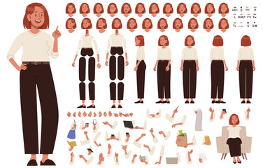Fototapeta na wymiar Friendly cute woman character constructor. Business woman or entrepreneur. Set of hands legs body and head positions, different angles for creating animation