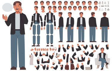Business energetic man character constructor. Entrepreneur or manager. Set of hands legs body and head positions, various views for creating animation