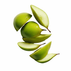 Juicy Green Pears Sliced and Falling on a Blue Transparent background