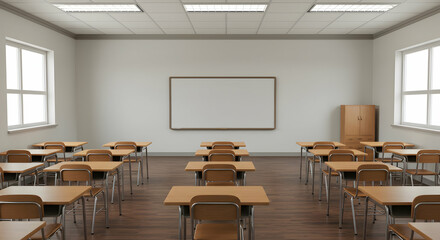 Empty Classroom Interior with Desks and Whiteboard Ready for Use
