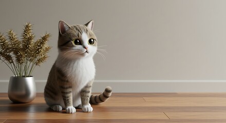 Cute Tabby Kitten Sitting on Hardwood Floor