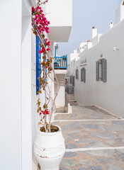 Narrow traditional streets on the island of Mykonos in Greece