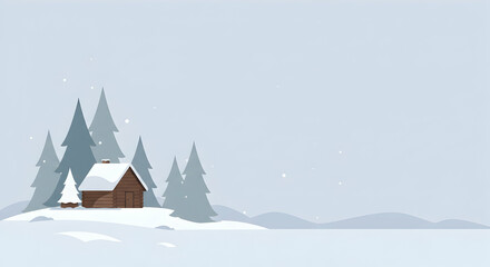 Fototapeta premium Cozy Cabin in a Snowy Landscape with Pine Trees and Soft Light