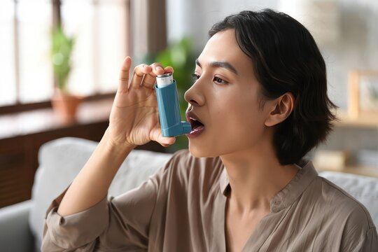 Young woman experiencing an asthma attack, using an inhaler while sitting on the sofa at home, finding relief from shortness of breath in a comfortable living room setting