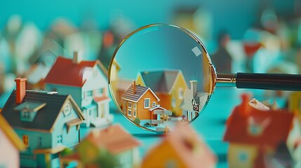 Exploring miniature houses through a magnifying glass on a vibrant background. Concept for selling a house and home insurance. Signing a house purchase and sale agreement, housing rental