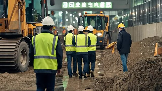 Construction Crew in the Urban Jungle:  A group of construction workers in hard hats and high-visibility vests stride confidently through a bustling urban construction site.
