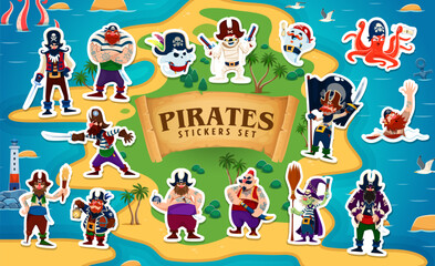 Cartoon pirate and corsair characters stickers pack. Vector patches with funny rovers. Captain, boatswain and swashbuckler with Halloween ghost and witch on secret island with sandy beach and sea