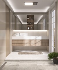 Luxury beige cream bathroom with washbasin on cabinet counter, mirror shelf in sunlight from glass door on white marble floor tile with rug. Modern interior design decoration background 3D
