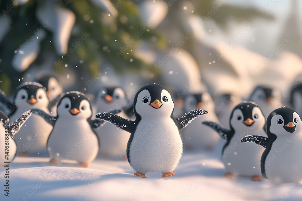 Poster a lively group of animated penguins joyfully dancing in a snowy landscape with trees