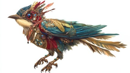 Obraz premium Fantastical bejeweled bird with elaborate plumage isolated on white backdrop