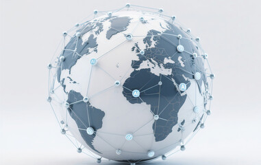 A futuristic Earth surrounded by an intricate AI network, glowing with digital nodes and connections that span the globe. The network represents global artificial intelligence integration, with a high