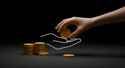 Hand Reaching for Gold Coin Above Stack of Coins in Dark Background