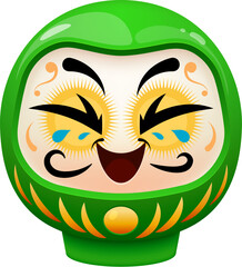 Daruma Japanese green doll with cheerful expression, bold eyebrows, golden yellow decorative patterns and an expressive face, symbolizing perseverance and good luck in culture of Japan