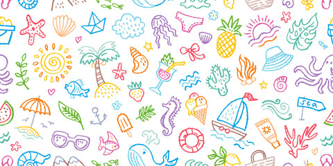 Naklejka premium Pattern with summer beach. Seamless doodle sea summer pattern. Kid beach icon background with sun cloud palm pineapple sea wave. Cute hand drawn kid sketch seamless bg. Vector line crayon child print