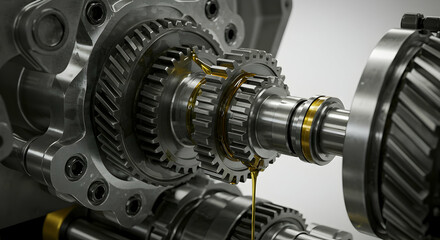 Close-Up of Precision Gears in Mechanical System with Oil Drip
