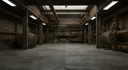 Industrial Warehouse Interior with Exposed Pipes and Machinery