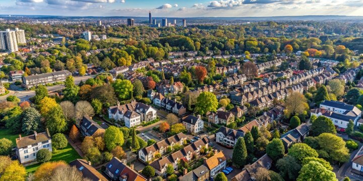 Aerial view of Ealing with trees and houses in the foreground , UK, houses,  UK, houses