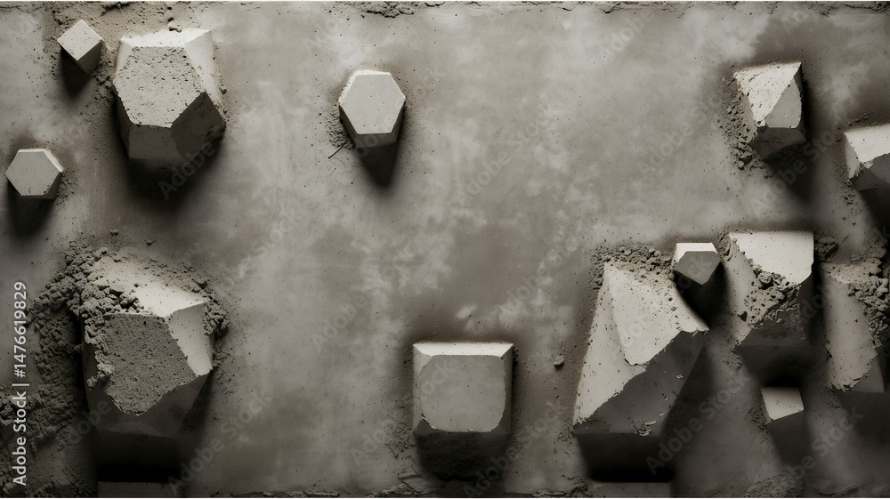 Poster Geometric solid blocks rest on textured concrete background; creating abstract modern composition