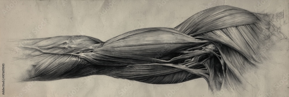 Poster detailed anatomical muscle drawing displaying intricate structures over a soft, neutral background t