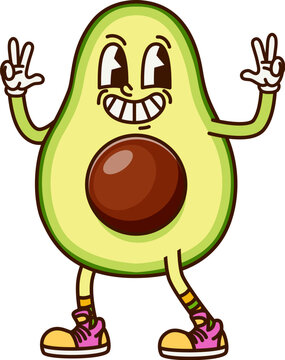 Naklejki Avocado half groovy funny character. Healthy diet funny funky groovy vector character, fresh avocado hippie cartoon mascot showing victory hang gesture. Fresh tropical fruit cheerful personage