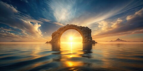 A dreamy, ethereal arch stretches over a tranquil sea at dusk, with soft golden light filtering through the water , mystical