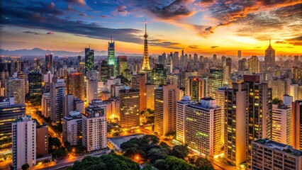 Obraz premium Panoramic view of S?o Paulo's downtown at sunset with skyscrapers and city lights in the background, skyscraper, city lights
