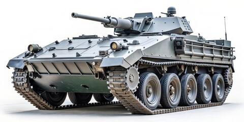 A large grey armored vehicle with treads and cannon on the front, military equipment, tank