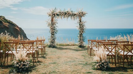 Outdoor Wedding Ceremony Setup with Floral Arch and Chairs Facing the Ocean