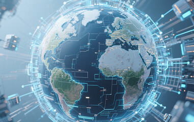 Naklejka premium A futuristic Earth surrounded by an intricate AI network, glowing with digital nodes and connections that span the globe. The network represents global artificial intelligence integration, with a high