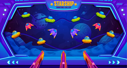 Space battle carnival shoot game, galaxy amusement park shooting range, vector. Funfair carnival shooting gallery with space UFO or alien galaxy rockets and starship for kids shoot game © Vector Tradition
