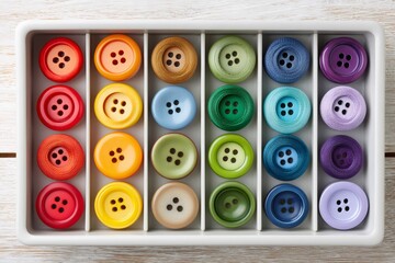 Fototapeta premium Colorful sewing buttons and thread spools forming a gradient in organizer tray
