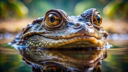Fototapeta premium A large reptile with a prominent snout and piercing eyes stares into the murky water, its scaly body half-submerged in the depths