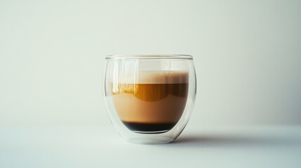 A latte in a glass with distinct layers.