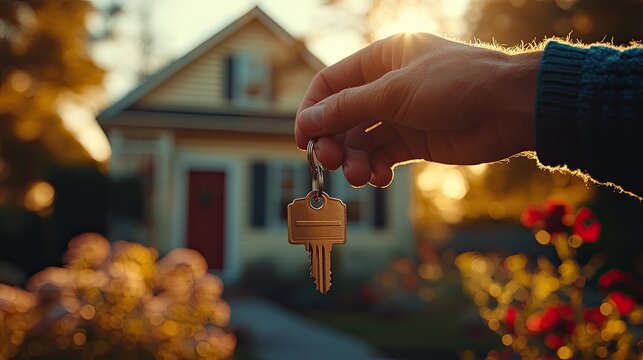 A hand holding house keys in front of a charming residence.