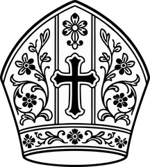 Intricate Black and White Vector Illustration of a Bishop Mitre with Floral Ornaments and Central Cross – Religious Clergy Hat Clipart
