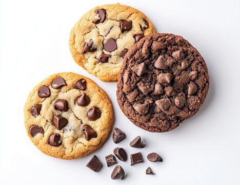 Three cookies, two with milk chocolate chips and one with dark chocolate chips, sit on a white background