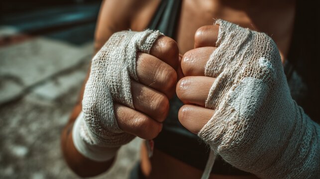 Close-up of a woman hands wrapping her wrists with sports tape before a boxing session outdoors. Background is blurred asphalt. 