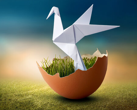 Unstoppable potential and success as an origami bird that rises from an egg to symbolize a business launch or development breakthrough