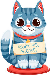 Adopt cat, pets adoption sign, funny kitty kitten with sad muzzle, vector icon. Adopt me please badge with cat kitten with unhappy muzzle face for pets adoption banner or animal shelter poster